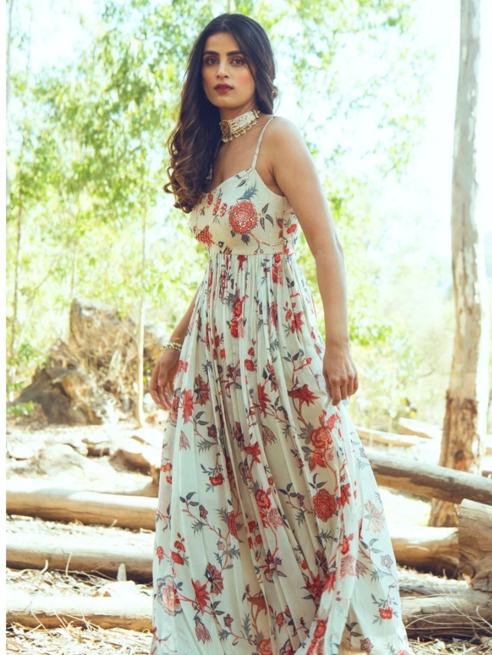 Paulmi & Harsh Floral Maxi Dress in Cream and Red